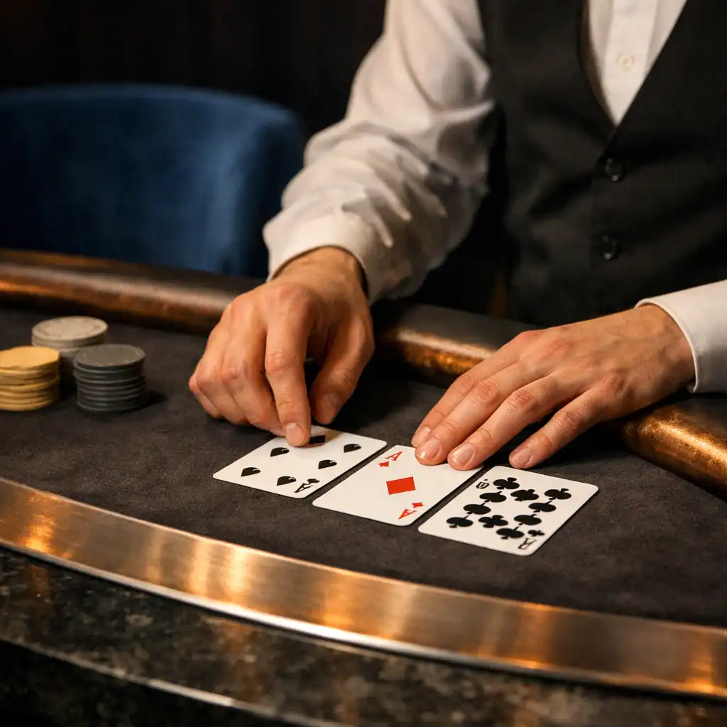 Osztó keze fizikai blackjack asztalnál, kártyákkal, semleges zsetonokkal és acél szegéllyel a CityForkkban.