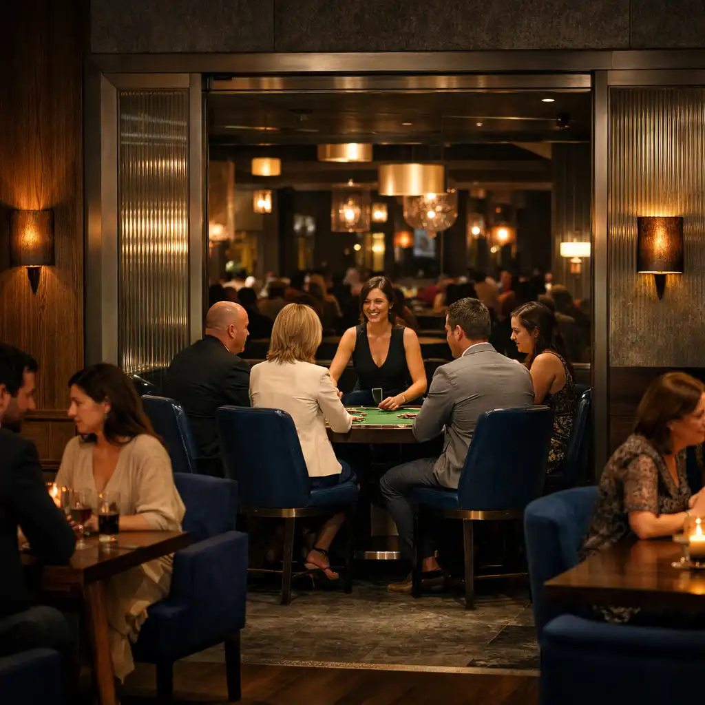 Lounge és fizikai blackjack asztal közötti átmenet a CityForkk budapesti esti terében.