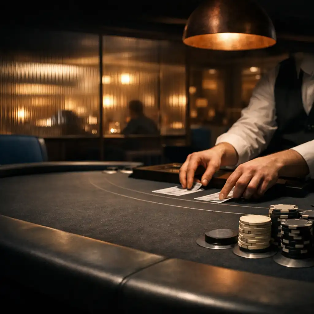 Valódi blackjack asztal a CityForkk budapesti terében, osztó kezével, sötét felületekkel és lounge fényeivel.
