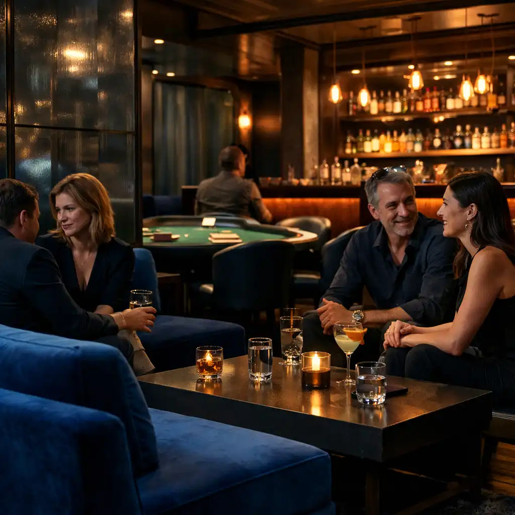 Cobalt bársony ülőhelyekkel, füstüveg fallal és a Poker Room felé nyíló Card Lounge este.