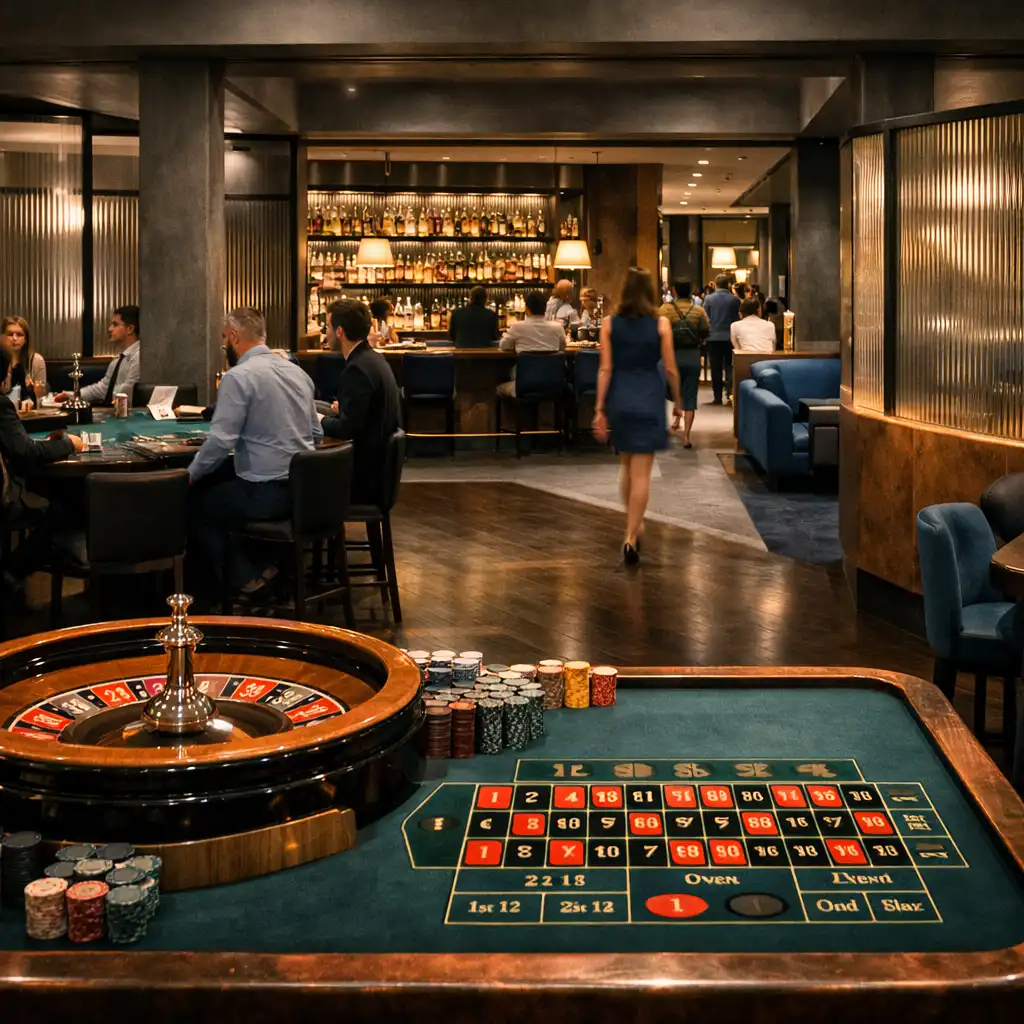 A CityForkk fizikai casino floorja rulettasztallal és a lounge felé vezető térrel