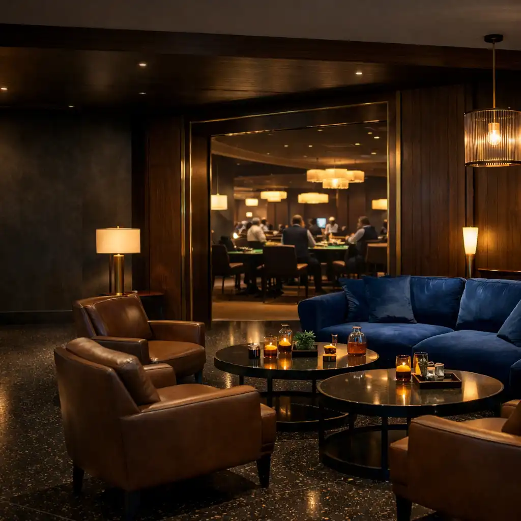Lounge tér kobalt kanapéval és átjáróval a fizikai casino floor felé
