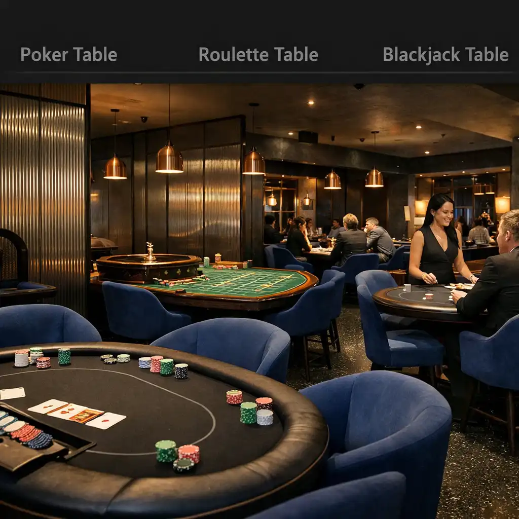 Fizikai poker-, rulett- és blackjackasztalok egy budapesti casino floor-on