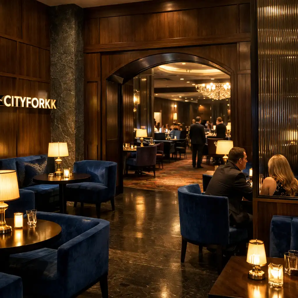 A CityForkk fogadótere és lounge átjárója sötét diófa, füstüveg és meleg esti fények között.