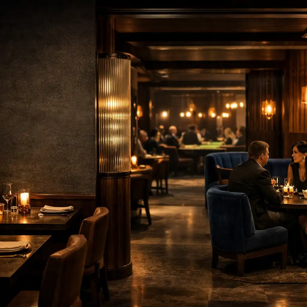 A CityForkk étterem és lounge tere, távolabb fizikai casino asztalokkal