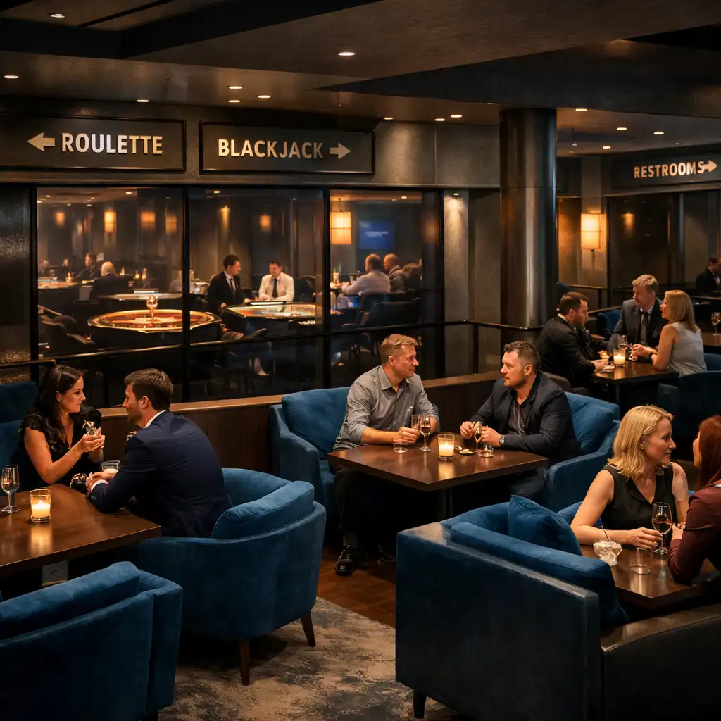 Társas lounge asztalok, a háttérben rulett- és blackjack-területtel