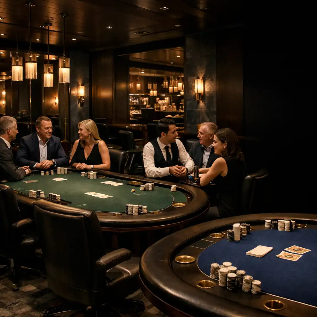 Valódi pokerasztalok és elegánsan öltözött vendégek a CityForkk budapesti Poker Roomjában.