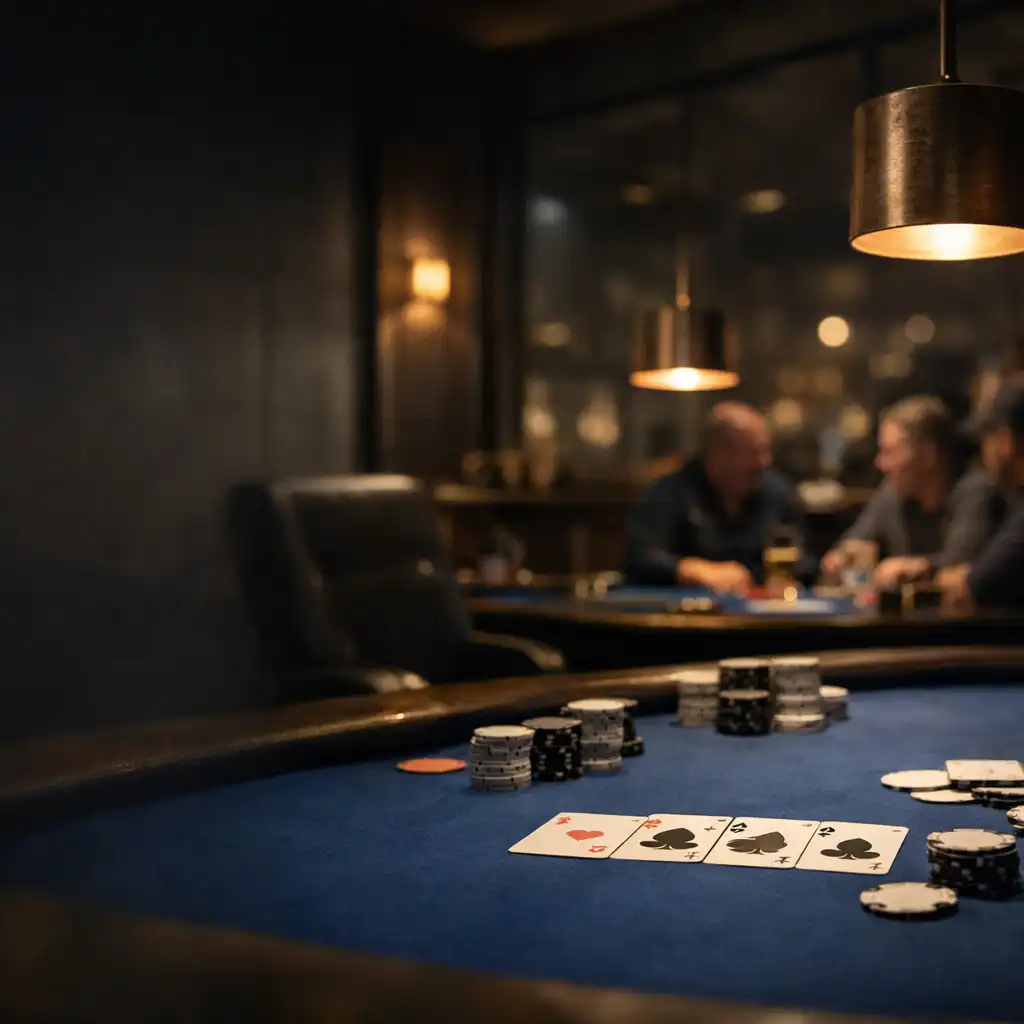 Késő esti, valódi fizikai Poker Room cobalt filces asztalokkal és meleg függesztett fényekkel.