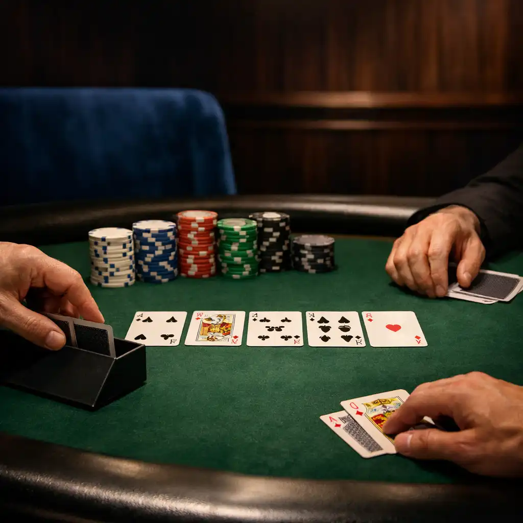 Sötét zöld filces professzionális pokerasztal valódi kártyákkal és semleges zsetonokkal a CityForkk Poker Roomban.