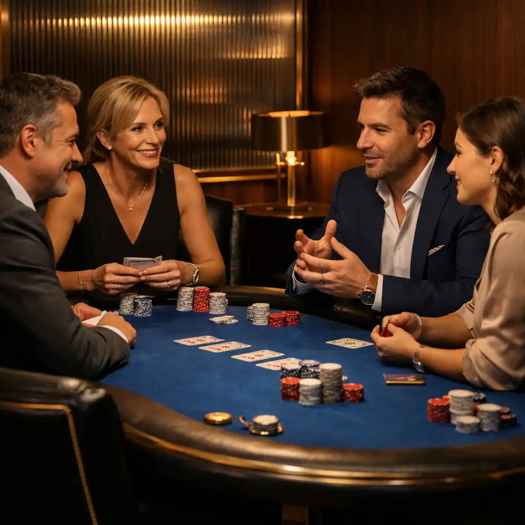 Kisebb társaság egy intim, kijelölt pokerasztal körül a CityForkk fizikai terében.